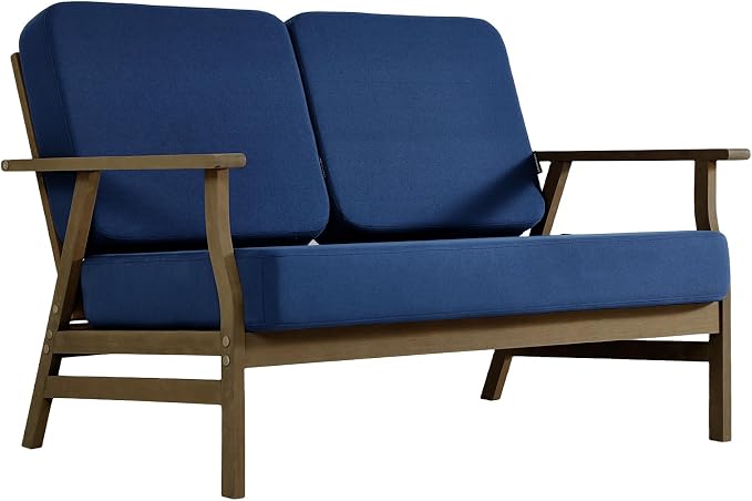 3 Pieces Patio Furniture Sets, Teak Wood Outdoor Sectional Furniture with Coffee Table, 5 Seats Patio Sofa Couch Conversation Set for Backyard Deck - Navy