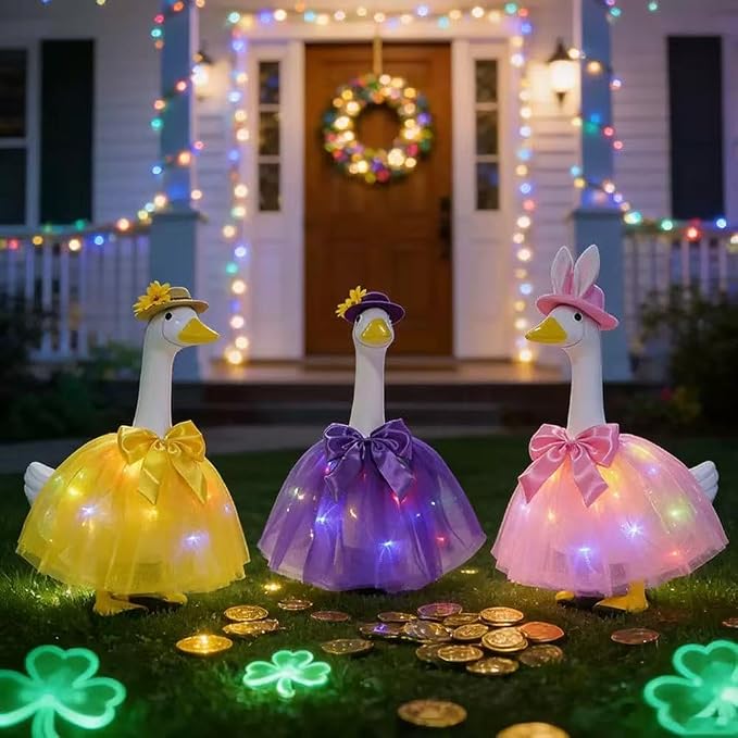 Porch Goose Outfit Set with String Lights for 23" Goose Statue Decor