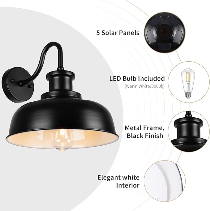Solar Barn Light for Outside, Dusk to Dawn Outdoor Wall Lights Solar Powered, Farmhouse Exterior Wall Sconce, Industrial Outside Lighting Fixture, Rustic Lantern for Garage, Barn, Shed