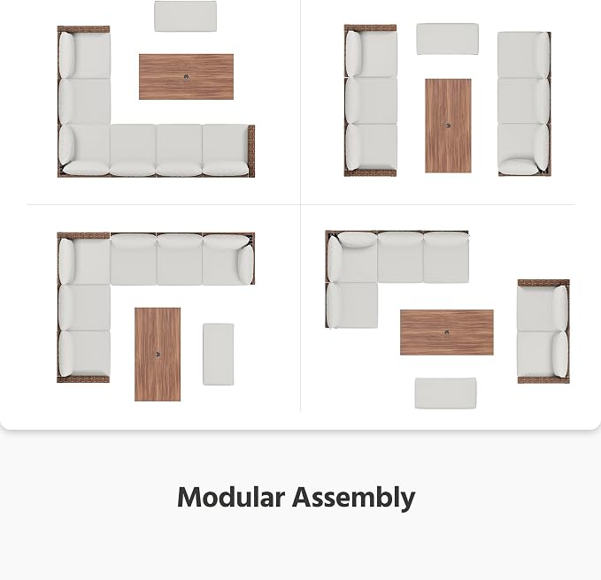 LAUSAINT HOME 8 Pieces Outdoor Patio Furniture Set, PE Wicker Sectional Conversation Sofa with Adjustable Backrests, Storage Ottoman & Wood Table with Umbrella Hole, Beige