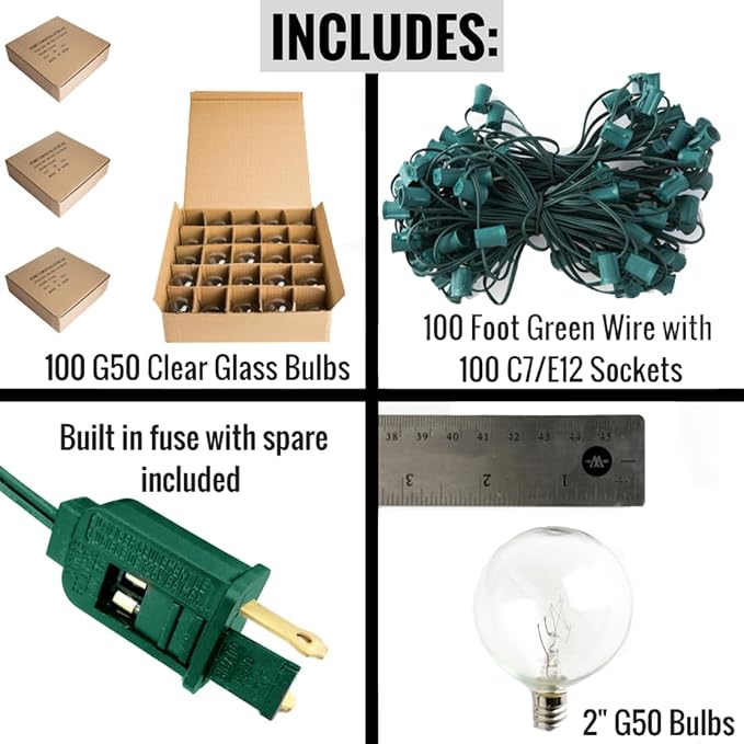 G50 Clear 2 Inch Light Bulbs with C7 Stringer 18 Gauge (Green Wire, 50')