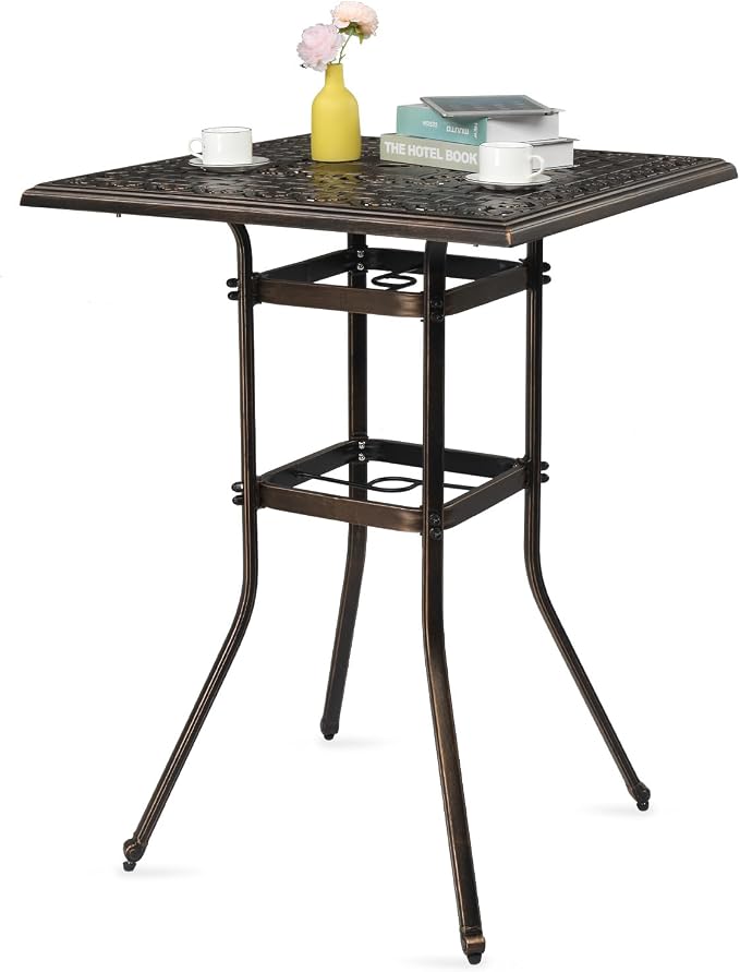 31.5" Outdoor Bar Table Bar Height Patio Table with 2" Umbrella Hole, Outdoor Cast Aluminum Tall Conversation Tables for Backyard, Garden, Patio, Porch (Bronze)