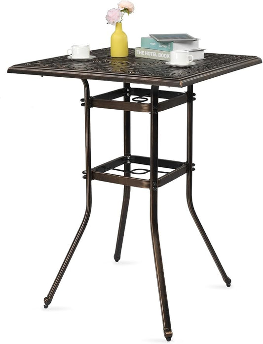 31.5" Outdoor Bar Table Bar Height Patio Table with 2" Umbrella Hole, Outdoor Cast Aluminum Tall Conversation Tables for Backyard, Garden, Patio, Porch (Bronze)