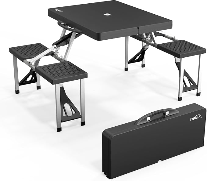 VINGLI 4Ft Portable Folding Picnic Table Camping Table Foldable Set with 4 Seats with Umbrella Hole Suitcase Card Table-220 Lbs Support Aluminum Frame, Plastic RV Tabletop for Yard, Travel
