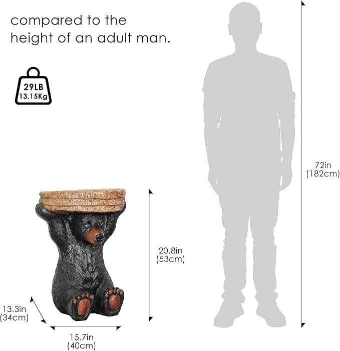 20.8" H Rustic Black Bear Side Table - Outdoor Side Table & Outdoor Decoration,Fibre Reinforced Concrete and Weatherproof, Bear Statue for Garden, Porch, Patio, Balcony or Living Room Decor