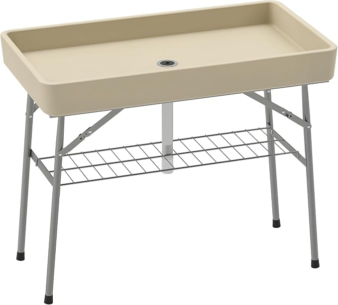 Outsunny Folding Ice Cooler Table with Drain, Fill and Chill, Tan, 40.6"L x 22"W x 32.3"H, Modern Picnic Table