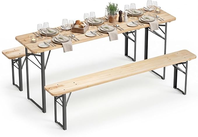 Byroce Folding Picnic Table Set with Benches, 70” Fir Wood Beer Table Set, Outdoor Dining Table with Heavy-Duty Metal Frame, Foldable Picnic Table for Patio, Garden, Backyard, BBQ & Parties (70")