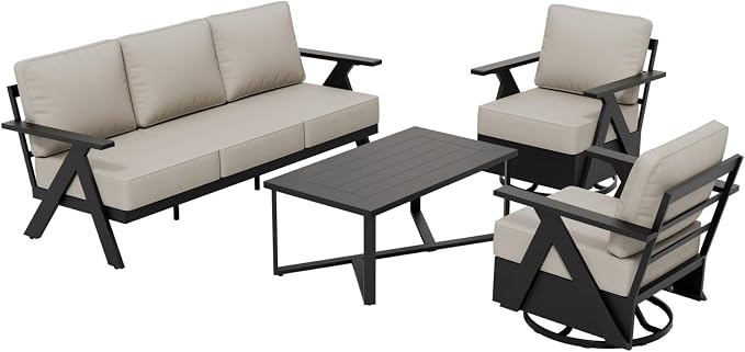 COOS BAY Iron Luxe 4 Piece Outdoor Patio Furniture Set, Modern Patio Conversation Set with 2 Swivel Rocking Chairs, a 3 Seat Couch & Coffee Table for Deck, Garden, Porch, Black/Beige