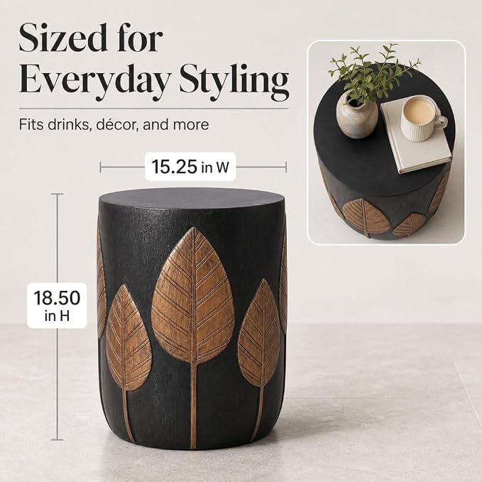 IRONORA Leaf Carved Outdoor Side Table, Black & Copper Round Accent Table, Weather Resistant Patio End Table, 15.3" x 18.5" Decorative Stool Table for Garden, Balcony, Living Room