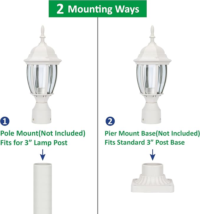 Outdoor Post Light, Rustproof Aluminum Pole Lamp, White | Exterior Lamp Post Light Fixture for Garden, Yard, Pathway, Waterproof, Glass, E26 Base, Max 60W, 2 Pack