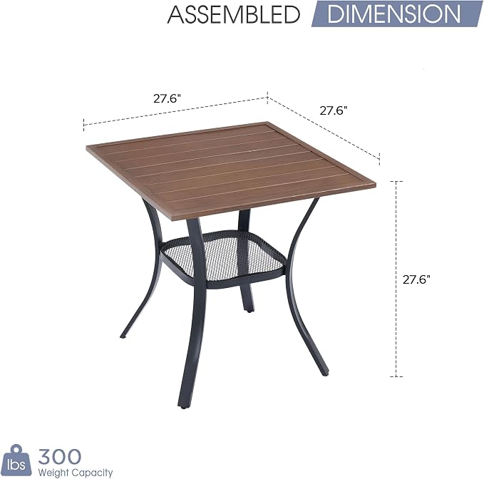 VICLLAX Small Patio Dining Table for 2, Square Metal Slatted Tabletop with Storage Shelf for Front Porch Lawn Garden, Walnut Tabletop(No Umbrella Hole)