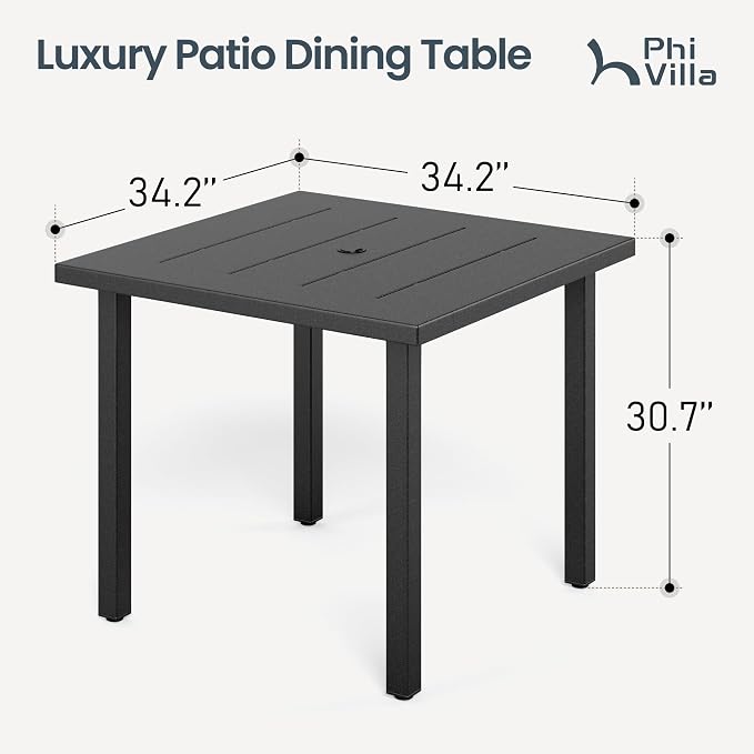 PHI VILLA 34" Outdoor Patio Table for 4, Slatted Wrought Iron Dining Table with Umbrella Hole, Minimalist Outside Metal Furniture for Deck, Porch, Backyard - Black