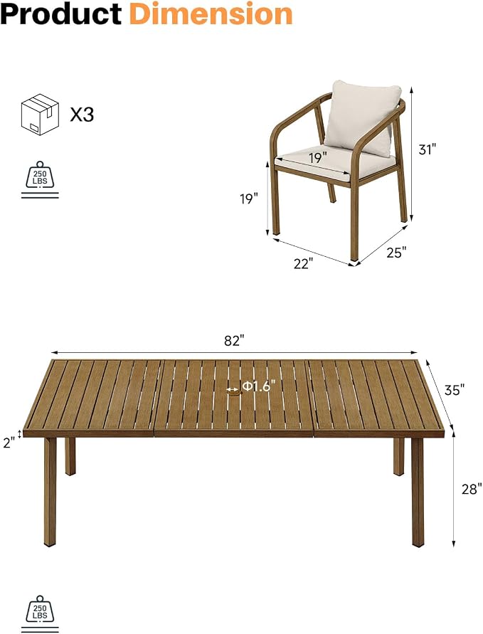 9 Pieces Never-Rust Aluminium Outdoor Dining Set, Patio Table and Chairs for 8, Patio Dining Set with Rectangle Table, Outdoor Dining Chairs with Removable Cushions for Deck, Backyard, Teak