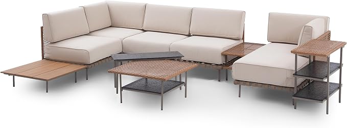 LAUSAINT HOME Outdoor Patio Furniture Set, 10-Piece Wicker Outdoor Conversation Set PE Rattan Sectional Sofa with Washable Cushions and Tempered Glass Table for Garden (Beige)