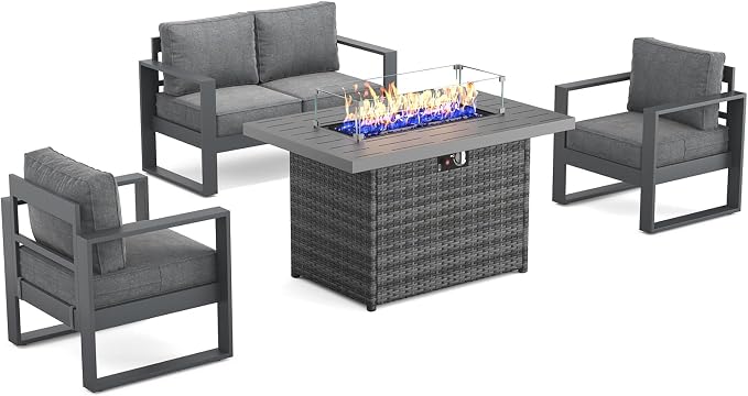 Outdoor Aluminum Furniture Set with Fire Pit Table - 4 Pieces Modern Patio Conversation Sets Metal Sectional Sofa Set