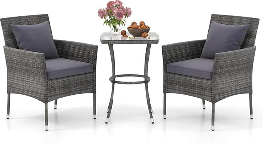 Tangkula 3-Piece Patio Furniture Set, PE Wicker Conversation Bistro Set w/A Tempered Glass Table & 2 Cushioned Chairs, Outdoor Table & Chairs Set for Patio Porch Yard Garden (Mix Gray+Grey)