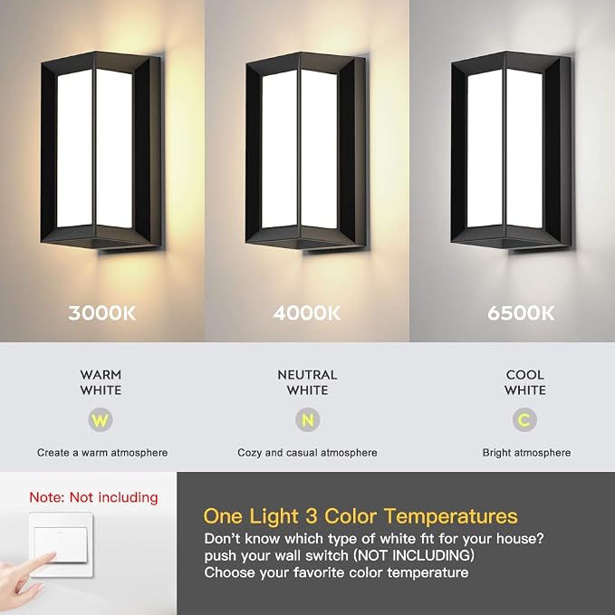 Outdoor Wall Lights,2Packs Exterior Light Fixture,LED Wall Sconce 3-Color-Changeable Wall Mounted Lamps,Matte Black Porch&Patio Light Outdoor,IP65 Waterproof for Hallway Stairs Gardens
