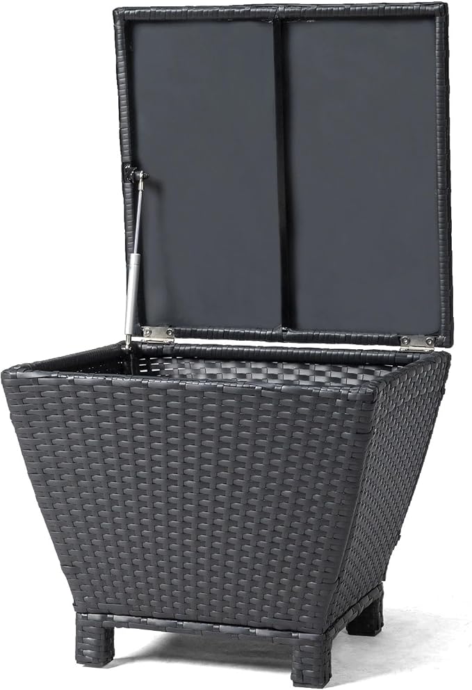 HOMSUPPLIE'S 13 Gallon Outdoor Side Table with Storage Space, Waterproof Wicker Patio Deck Box, Rattan End Table with Hidden Storage for Pool Towels, Toys & Garden Tools(Black,Trapezoid)