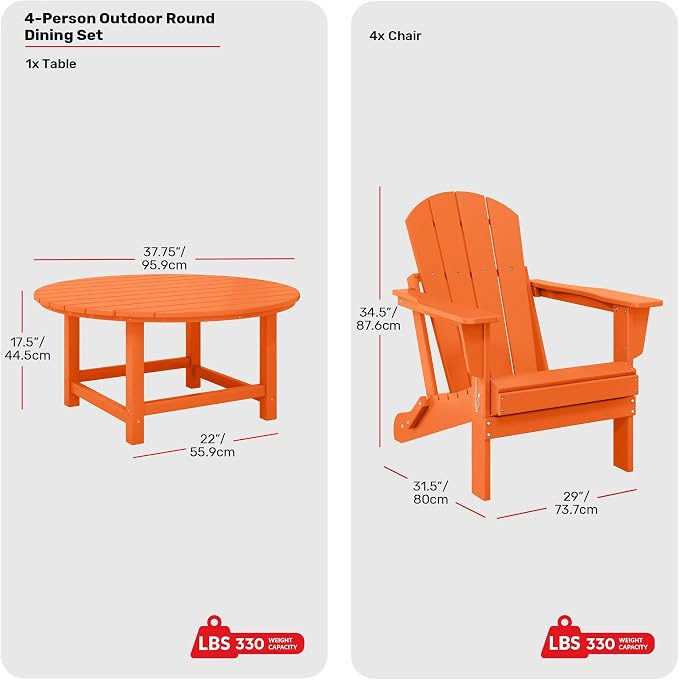 Costaelm Patio Conversation Set, 5 piece Balcony Furniture, Small Patio Firepit Furniture Outdoor Adirondack Round Coffee Table and Chair for Backyard Lawn Porch Pool Garden, Orange