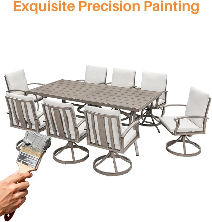 9-Piece Patio Dining Set for 8, Never Rusts Aluminum Outdoor Swivel Dining Set with Cushions, Outdoor Dining Set, Patio Table and Chairs Furniture Sets for Deck, Garden Yard, Limed Oak
