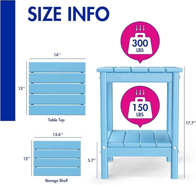 BRIOPAWS Outdoor-Side-Table | Small | HDPE Plastic | Patio End-Table | 2-Shelf Adirondack Outside Tables | All Weather | for Poolside Front Porch Indoor Living Room | 14" x 13" | Arctic