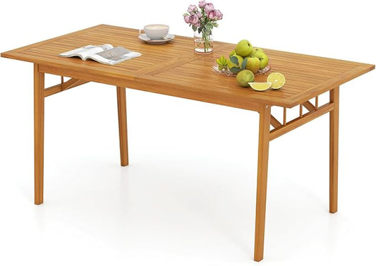 HAPPYGRILL Acacia Wood Outdoor Dining Table with Umbrella Hole & Cover, for 4-6 People, 63” Large Farmhouse Dinette Furniture for Backyard Patio Deck Porch