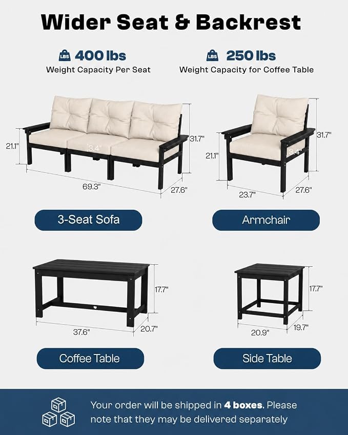 HDPE Patio Sofa Set, 3-Piece Sectional Outdoor Patio Furniture Set, All Weather Outdoor Couch Set with Beige Washable Thick Cushions for Lawn, Garden, Deck, Balcony, Porch (Black Frame)
