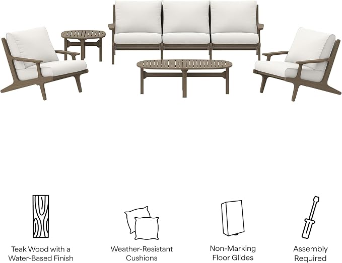 Modway Saratoga 4-Piece Teak Wood Outdoor Furniture Set in Weathered Gray White - Patio Conversation Set with Sofa, 2 Armchairs, and Coffee Table