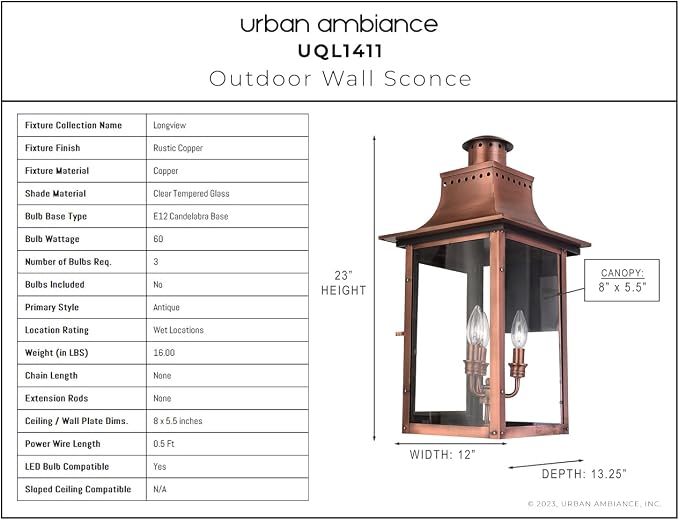 Urban Ambiance Luxury Antique Outdoor Wall Light, Large Size: 23" H x 12" W, with French Country Style Elements, Rustic Copper Finish, UQL1411, Longview Collection