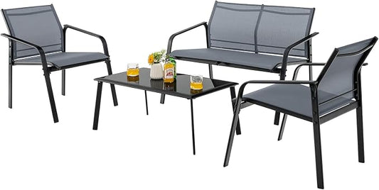Tangkula 4 Pieces Patio Furniture Set, Outdoor Conversation Set with Tempered Glass Coffee Table, Outdoor Bistro Set with Fabric and Anti-Rust Steel Frame for Garden, Poolside and Backyard (Gray)