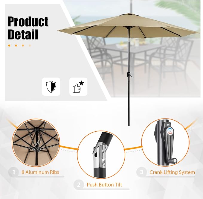 Crownland 5 Piece Outdoor Dining Set, Patio Metal Dining Sets, 4 Stackable Metal Chairs and Square Outdoor Dining Table with Khaki 9FT Round Outdoor Umbrella, for Backyard, Garden (Classic Black)