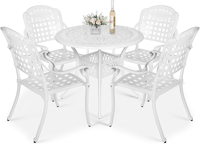 VIVIJASON 5-Piece Outdoor Patio Furniture Dining Set, All-Weather Cast Aluminum Conversation Set, Include 4 Chairs and 38.5" Round Table w/Umbrella Hole for Balcony, Lawn, Garden, Backyard, White