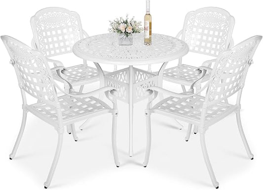 VIVIJASON 5-Piece Outdoor Patio Furniture Dining Set, All-Weather Cast Aluminum Conversation Set, Include 4 Chairs and 38.5" Round Table w/Umbrella Hole for Balcony, Lawn, Garden, Backyard, White