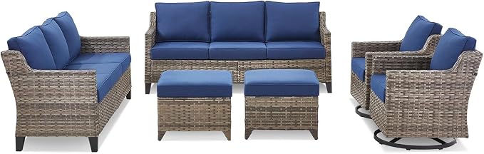 Outdoor Patio Furniture Set-6 Pieces High Back Outdoor Furniture Set Sectional Sofa with Wicker Swivel Rocker Patio Chairs,Thick Cushions Ottomans for Porch Balcony Patio Deck Grey/Blue
