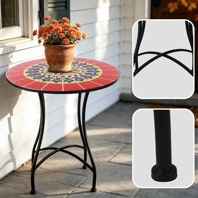 3 Piece Bistro Sets Mosaic Tile Round Table Folding Chairs Garden | Set of 3 Patio Furniture 23.6" Table and 2 Chairs Outdoor Bistro Chairs Artistic Table for Balcony Porch Apartment Backyard