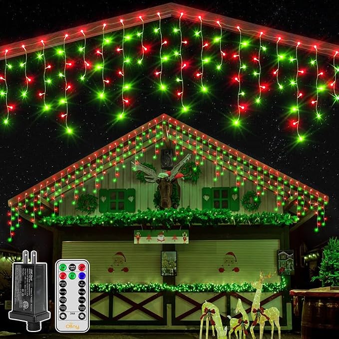 Ollny Icicle Lights for Outside 400LED 32FT, Red and Green Christmas Light with Remote 8Modes Timers Waterproof, Plug in Connectable Hanging Lights for Outdoor Indoor House Roof Holiday