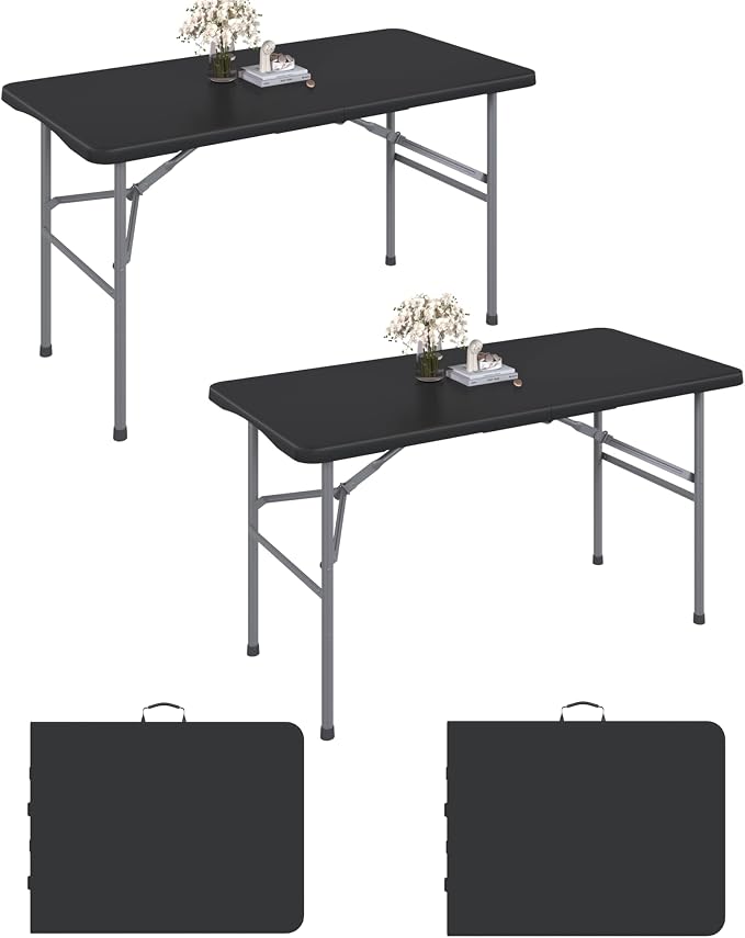 2 Pack 4FT Black Folding Table for Outdoor, 4 Foot Picnic Tables No Assembly Required Portable, Black Foldable Table for Camping, Parties, Meeting, Events, Wedding, with Carrying Handle