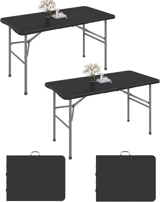 2 Pack 4FT Black Folding Table for Outdoor, 4 Foot Picnic Tables No Assembly Required Portable, Black Foldable Table for Camping, Parties, Meeting, Events, Wedding, with Carrying Handle