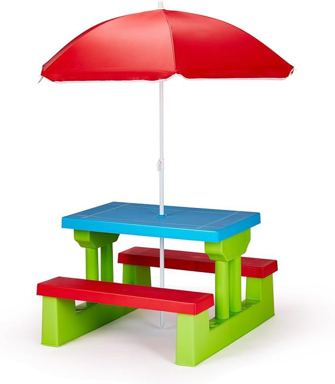 Portable Picnic Table and Chair Set ,Outdoor Table and Chair Sets,Plastic Picnic Table,Rectangular Activity Table & Bench Set,,with Removable Umbrella,for Backyard Garden Patio (Red & Blue & Green)