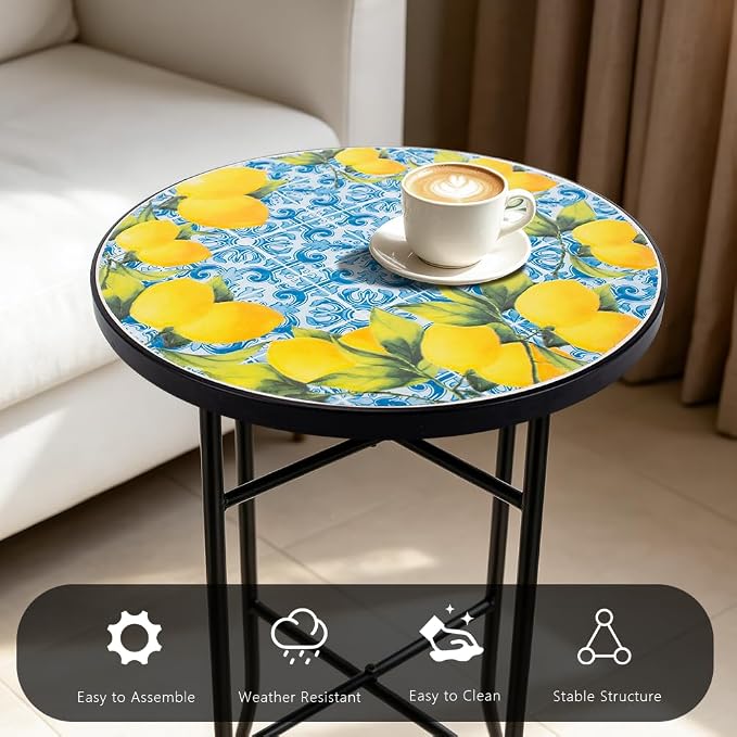 14 Inch Mosaic Patio Side Table with X-Straight Legs, Indoor Outdoor Accent Round End Table with Ceramic Tile Tops for Yard, Garden, Living Room, Bistro, A - Lemon & Blue Tile
