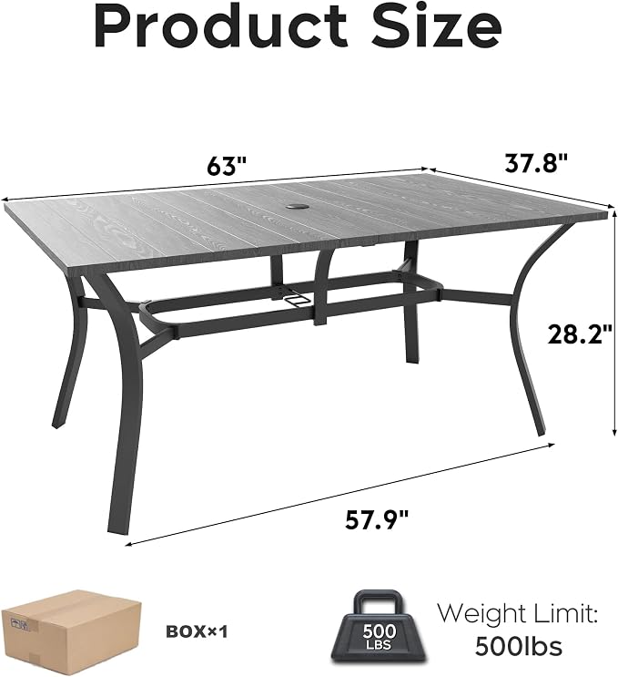 KEIKI 7-Piece Outdoor Patio Dining Set, Waterproof Patio Table and Chairs for 6, Rectangular Wood-Grain Metal Table with Umbrella Hole for Lawn Garden Backyard, Black+Red