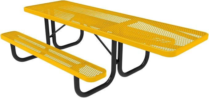 COATEDOUTDOORFURNITURE Heavy-Duty Portable ADA-Compliant Outdoor Picnic Table, Expanded Metal Patio Dining Furniture Made in America (8ft Rectangular, One-Side Handicap, Textured Yellow)