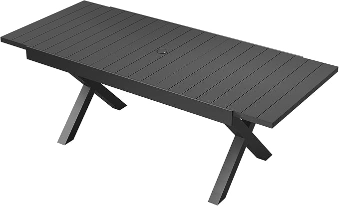 Expandable Outdoor Dining Table for 8, Never-Rust Aluminum Patio Dining Table, 63''-83'' X-Shaped Extendable Dining Table with Umbrella Hole for Garden Deck Indoor or Outdoor Meals, Black