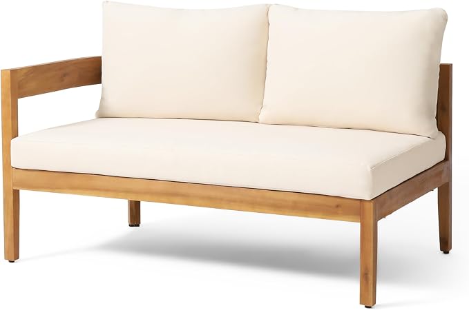 Merax Outdoor 80" Acacia Wood Curved Sectional 5-Seater Sofa, Patio V-Shaped Sofa Couch with Weather-Resistant Cushions for Porch, Lawn, Backyard, Balcony, Teak+ Beige