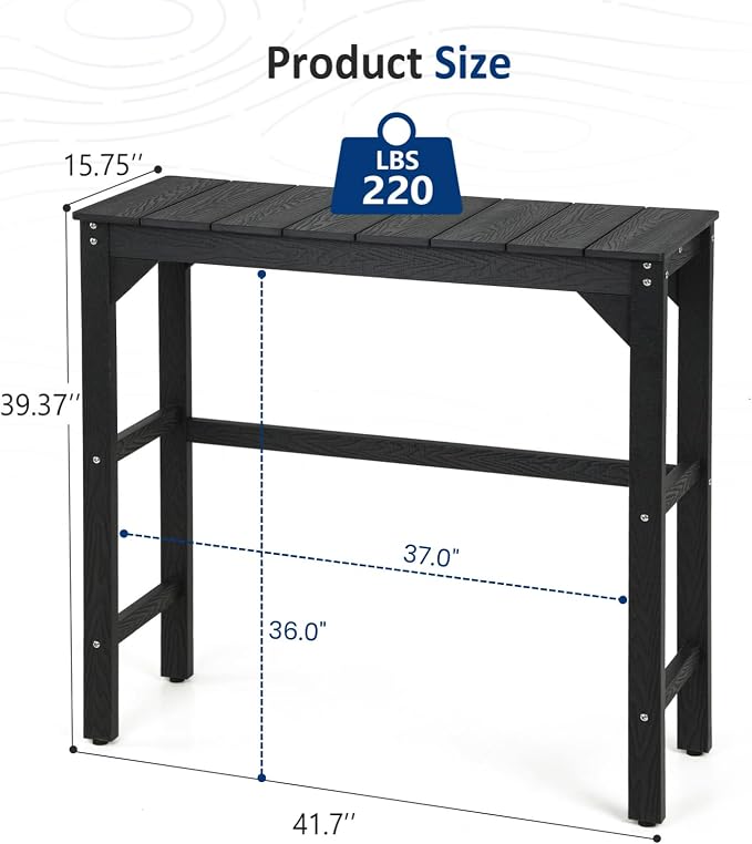 Outdoor Bar Table, 42" Weatherproof Patio Bar Height Counter Table, HIPS Material, Waterproof, for Outside, Garden, Backyard, Balcony, Poolside, Black