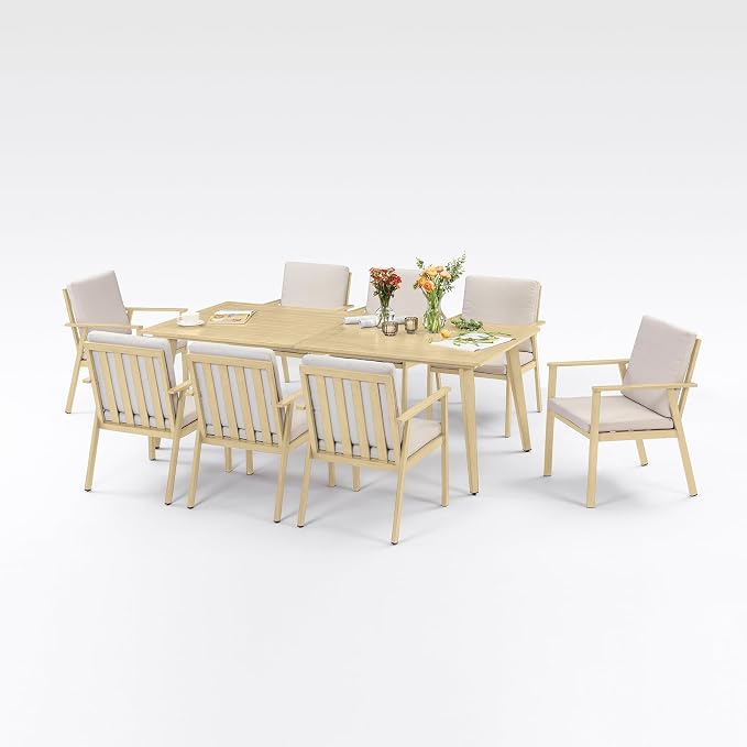 9 Pieces Outdoor Dining Set, Never-Rust Aluminum Patio Furniture Set with Umbrella Hole, All-Weather Outdoor Patio Dining Set for 8, Patio Table and Chair Set for Garden, Lawn, Maple Wood