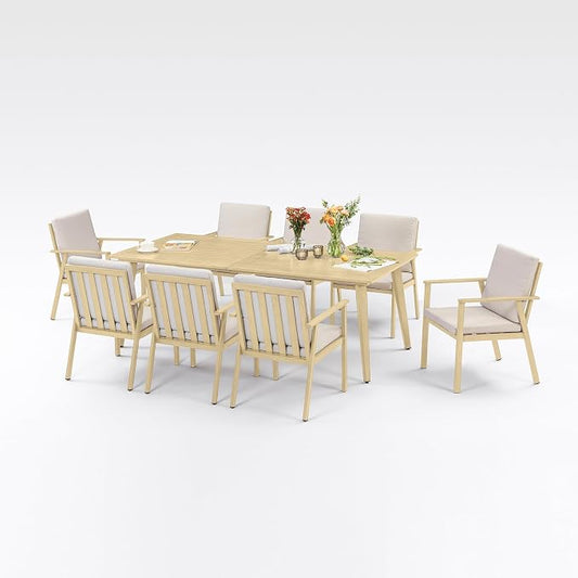 9 Pieces Outdoor Dining Set, Never-Rust Aluminum Patio Furniture Set with Umbrella Hole, All-Weather Outdoor Patio Dining Set for 8, Patio Table and Chair Set for Garden, Lawn, Maple Wood