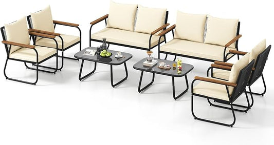 Tangkula 8 Pieces Wicker Patio Furniture Set, Outdoor Conversation Set with Tempered Glass Coffee Table, Rattan Cushioned Chairs with Acacia Wood Armrests for Garden, Yard and Poolside (Off White,4)