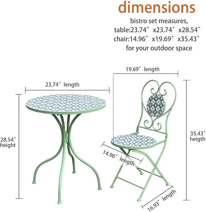 Round Outdoor Side Table Patio Bistro Ceramic Mosaic Patterned Design Tile Top Round Table Outdoor Garden 24 Inch Metal Furniture Dining Table for Yard Balcony Porch Poolside Terrace Green