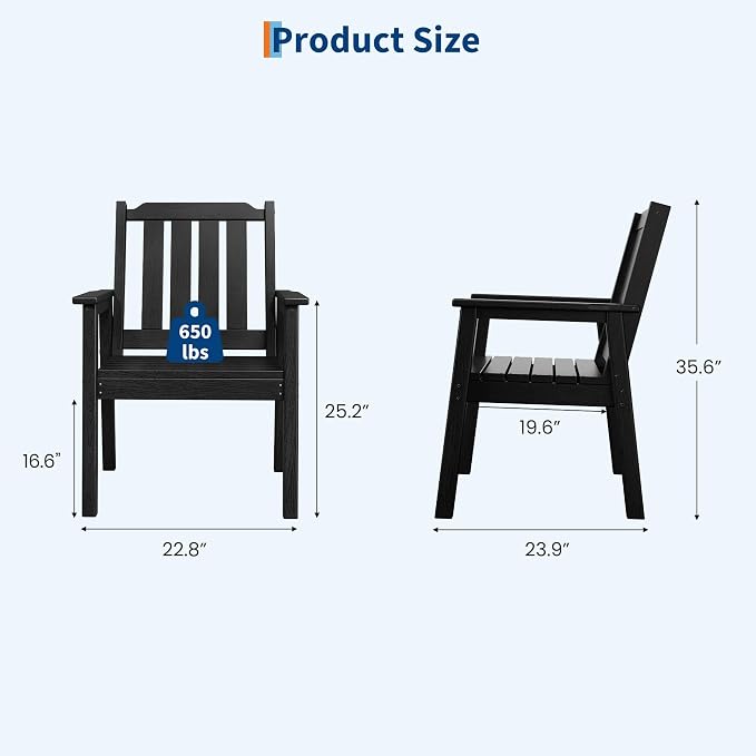 Garvee Outdoor Patio Dining Chairs Set of 4, Outdoor HDPE Garden Dining Chairs, Sturdy Frame, Waterproof, All-Weather for Backyard, Poolside, Porch, Deck, Black